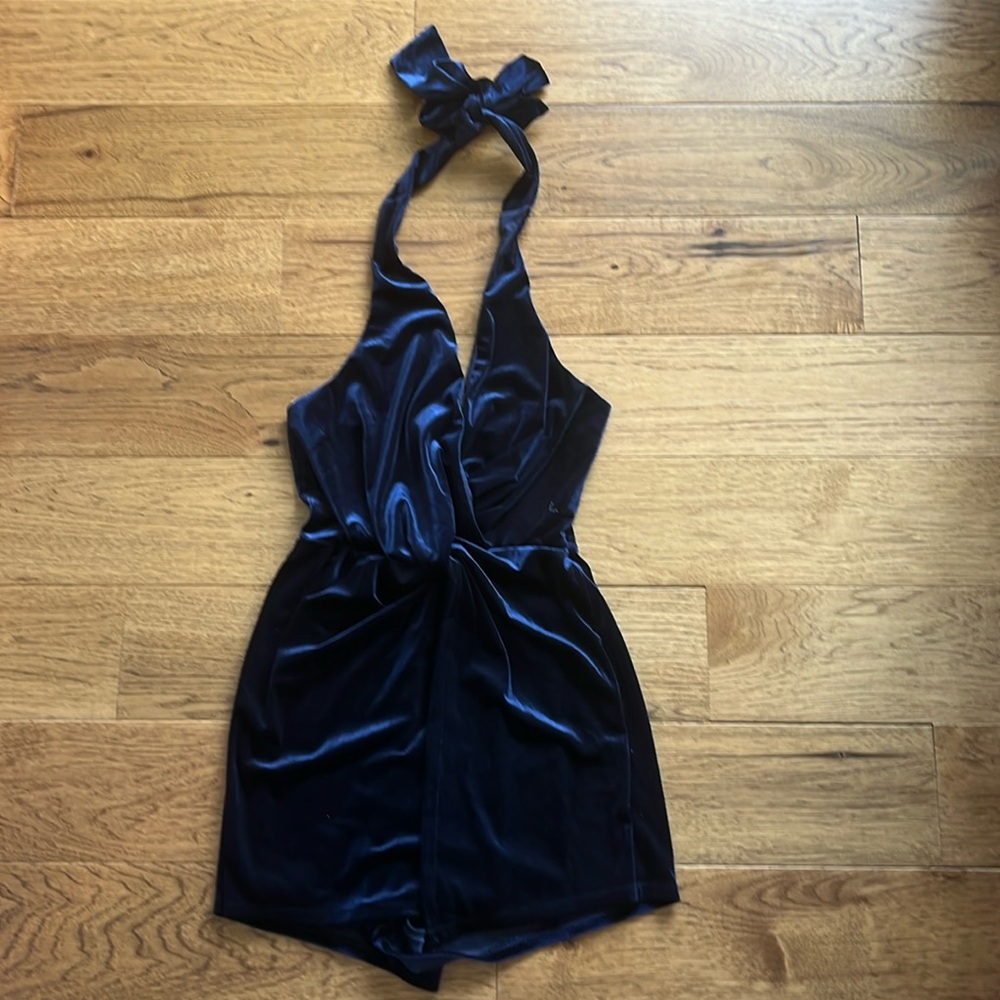 Cotton Candy S navy blue velvet halter neck romper one piece shorts